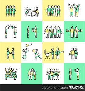 Friends and friendly relationship flat line icons set with people chatting present party isolated vector illustration