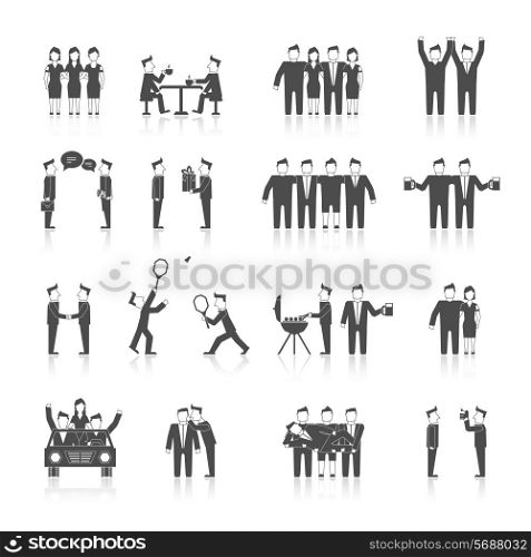 Friends and friendly relationship social team black icon set with cheerful happy people isolated vector illustration