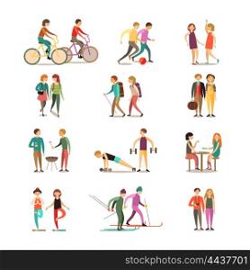 Friends And Hobbies Decorative Icons Set. Friends and hobbies decorative icons set with hiking dancing soccer skiing barbecue sightseeing isolated vector illustration