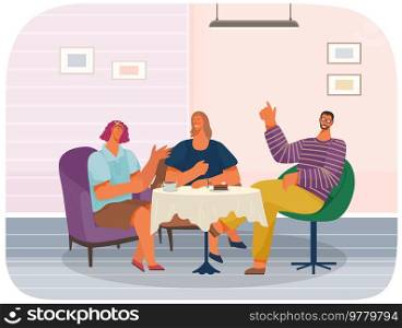Friends are sitting at table in cafe. Communication, rest and pastime in restaurant. Characters eating, having fun in catering establishment. Tasting drinks, fresh food in restaurant, coffee house. Friends are sitting at table in cafe. Characters eating, having fun in restaurant, coffee house