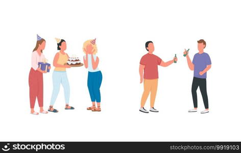 Friends at birthday party flat color vector faceless characters set. Surprise for girl. Men drink together. Celebration isolated cartoon illustration for web graphic design and animation collection. Friends at birthday party flat color vector faceless characters set