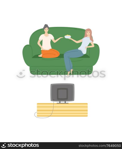 Friends at home watching movies vector, girls evening woman eating popcorn from bowl and looking at screen of television, female on comfortable sofa. Friends Eating Popcorn and Watching Movies at Home