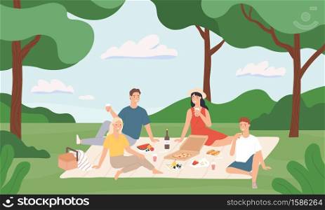 Friends at picnic. Happy young men and women having lunch together outdoor, rest to nature summer vacation cartoon vector illustration. Summer picnic and recreation, happy young together rest. Friends at picnic. Happy young men and women having lunch together outdoor, rest to nature summer vacation cartoon vector illustration