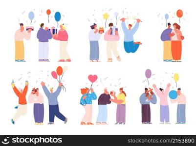 Friends birthday party. Celebrating festive, happy people with gifts, balloons and cake. Isolated corporate congrats utter vector scenes. Illustration of birthday party celebration. Friends birthday party. Celebrating festive, happy people with gifts, balloons and cake. Isolated corporate congrats utter vector scenes