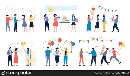 Friends birthday party with confetti and gifts. Family congratulation and celebrate. Happy anniversary celebrating, colleague event recent vector scenes. Illustration of birthday character. Friends birthday party with confetti and gifts. Family congratulation and celebrate. Happy anniversary celebrating, colleague event recent vector scenes