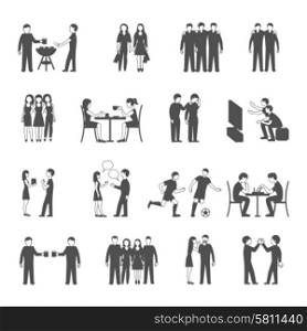 Friends black icons set. Colleagues friends and classmates groups sharing free time activities concept black icons set abstract isolated vector illustration