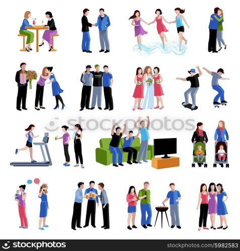 Friends buddies activities flat icons set. Colleagues friends classmates sharing free time activities and important events flat icons set abstract isolated vector illustration