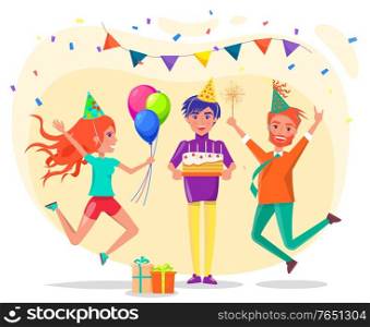 Friends celebrating birthday of male character holding cake with lit candles. Man and woman dancing and jumping holding balloons decor and wearing paper hats. Flags and confetti decoration vector. People Celebrating Birthday of Friend at Party