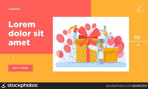 Friends celebrating birthday, packing gifts. People standing at present boxes, holding tag. Vector illustration for surprise, party, festive event, loyalty program reward concept