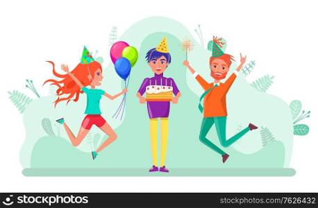 Friends celebrating birthday party vector, woman and man jumping from happiness. Lady holding balloons wearing paper cap, male with cake making wish. Flat cartoon. Birthday Celebration Partying People Friends Vector