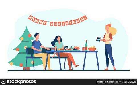 Friends celebrating Christmas together. Tree, dinner, table, decoration. Flat vector illustration. Xmas party, festive event, holiday concept for banner, website design or landing web page