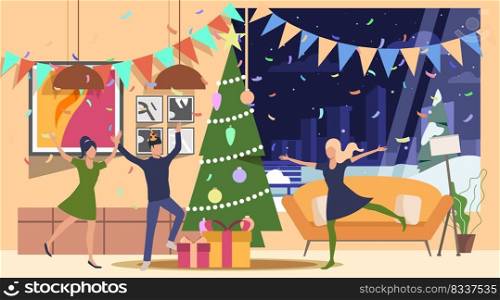 Friends celebrating New Year illustration. People dancing at Christmas tree, gifts, confetti. Celebration concept. Vector illustration for topics like meeting, party, holiday