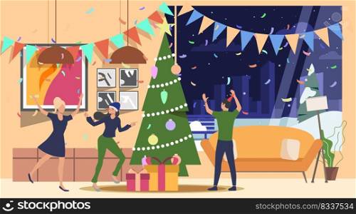 Friends celebrating New Year landing page. People dancing at Christmas tree, gifts, confetti. Celebration concept. Vector illustration for topics like meeting, party, holiday