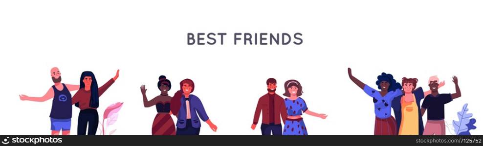Friends characters. People hanging together, minimal trendy friendship concept for web design. Vector illustrations different people groups set, as searching hugging friends girl and guy. Friends characters. People hanging together, minimal trendy friendship concept for web design. Vector different people groups set