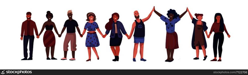 Friends characters. People standing together and holding hands, cartoon friendship and unity concept. Vector illustrations happy flat boys and girls join hands up. Friends characters. People standing together and holding hands, cartoon friendship and unity concept. Vector happy boys and girls