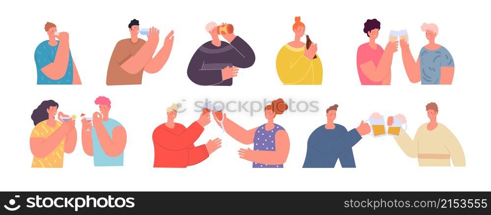Friends clinking glasses. People holding drink, cheers beer or wine glass. Drinking party, flat teens celebrate birthday utter vector characters. Illustration party holiday, alcohol beer wine. Friends clinking glasses. People holding drink, cheers beer or wine glass. Drinking party, flat teens celebrate birthday utter vector characters