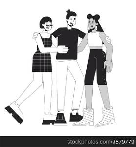 Friends community flat line black white vector characters. Happy people communicate. Friendships. Editable outline full body people. Simple cartoon isolated spot illustration for web graphic design. Friends community flat line black white vector characters