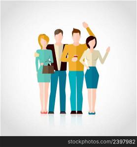 Friends concept with four men and women figures hugging isolated on white background flat vector illustration. Friends Flat Illustration