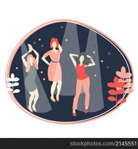 Friends dancing in club. Female leisure. Vector illustration