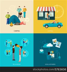 Friends design concept set with camping shopping social network and relationship flat icons isolated vector illustration. Friends Icons Set