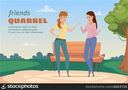 Friends Dispute Template. Friends dispute template with two angry ladies in park in flat style vector illustration