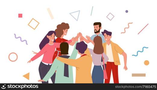 Friends doing high five. Cheerful friends and colleagues give informal greeting. Team people expression joy high five together vector smiling teen concept. Friends doing high five. Cheerful friends and colleagues give informal greeting. Team people expression joy high five together vector concept