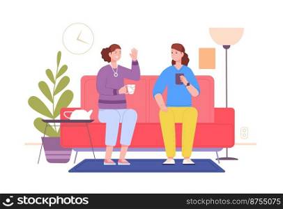 Friends drink tea home. Coffee drinking, female fun conversation on comfy couch, meeting laughing friends chatting and gossiping dialog on sofa splendid cartoon character vector. Illustration meeting. Friends drink tea home. Coffee drinking, female fun conversation on comfy couch, meeting laughing friends chatting and gossiping dialog on sofa cartoon character vector