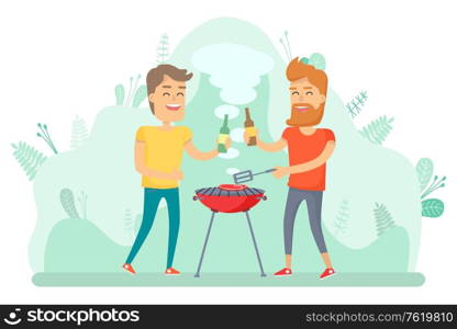 Friends drinking and frying steak on grill, people leisure outdoor. Smiling men with bottles cooking meat on barbecue, grilling holiday, weekend vector. Man Frying Meat, Friends Picnic, Holiday Vector