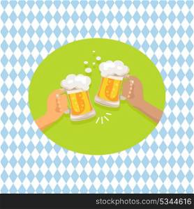 Friends Drinking Beer Shown on Vector Illustration. Friends holding two glasses of beer that is shown on vector illustration situated in centerpeice of picture on on checkered background