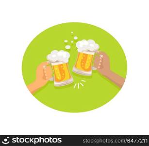 Friends Drinking Beer Shown on Vector Illustration. Friends holding two glasses of beer that is shown on vector illustration situated in centerpeice of picture on green and white background