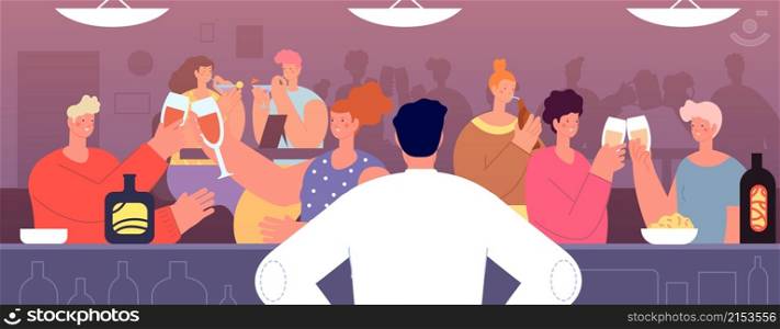 Friends drinking in bar. Young people fun, barmen look at crowd with wine and beer. Happy adult in pub cheers, drinks party utter vector concept. Illustration of bar alcohol party, cartoon drink pub. Friends drinking in bar. Young people fun, barmen look at crowd with wine and beer. Happy adult in pub cheers, drinks party utter vector concept
