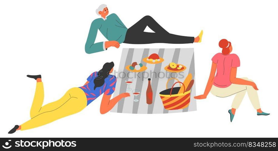 Friends eating out arranged picnic outdoors, isolated people sitting on blanket with food in basket. Drinking wine and interacting, communication and relaxation at dinner. Vector in flat style. People having picnic outdoors, friends eating out