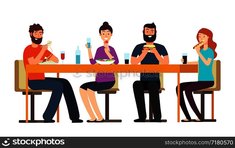 Friends eating snacks. Friendly people group have dinner at desk in restaurant. Cartoon vector characters isolated on white background. Illustration restaurant lunch friendship, young and happy people. Friends eating snacks. Friendly people group have dinner at desk in restaurant. Cartoon vector characters isolated on white background