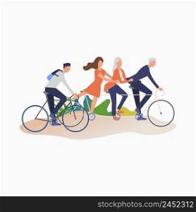 Friends enjoying cycling cartoon illustration. Men and women riding bikes. Leisure concept. Vector illustration can be used for topics like outdoor activities, summer, family. Friends enjoying cycling