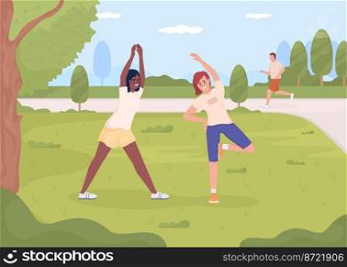 Friends exercising in park flat color vector illustration. Outdoor sports activity. Woman training on lawn. Fully editable 2D simple cartoon characters with city garden on background. Friends exercising in park flat color vector illustration