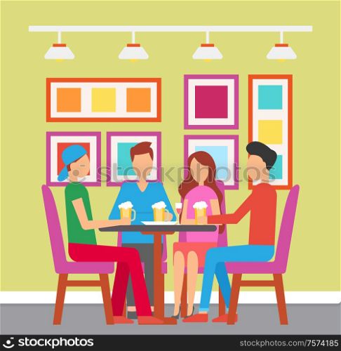 Friends gathered in bar drinking beer pint vector. Man and woman having fun at pub with colorful interior. design of place to eat and have beverage. People Drinking at Pub, Friends in Bar on Weekends