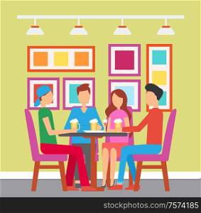 Friends gathered in bar drinking beer pint vector. Man and woman having fun at pub with colorful interior. design of place to eat and have beverage. People Drinking at Pub, Friends in Bar on Weekends