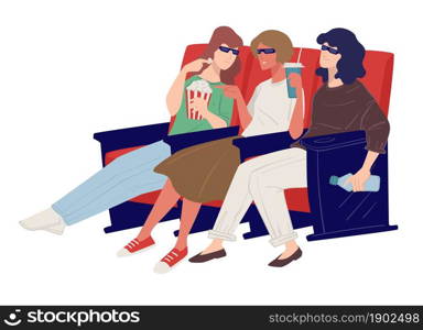 Friends gathered to watch movie in cinema, girls sitting in comfortable chairs wearing glasses and eating popcorn. Weekends activities and fun. Women with water and snacks. Vector in flat style. Women watching movies in cinema, resting ladies