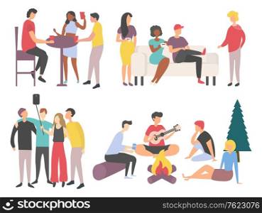 Friends gathering together at weekend vector, buddies sitting on couch in cafe and drinking coffee, people spend time playing guitar and taking selfies. Flat cartoon. Friends Gathering, Spending Time Together Vector