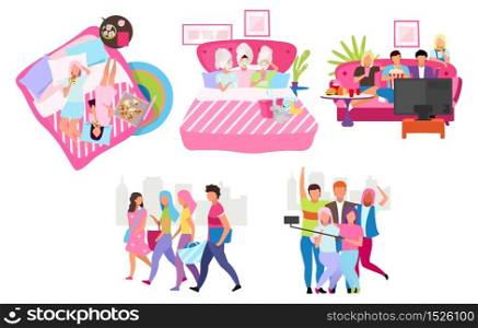 Friends group flat vector illustrations set. Young people spending time, meeting together cartoon characters. Male and female friendship. Students, girls and guys taking selfie, walking, eating pizza