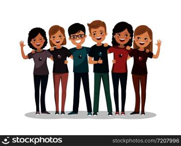 Friends group hugged together. Youth people. Happy boys and girls. Isolated flat vector illustration