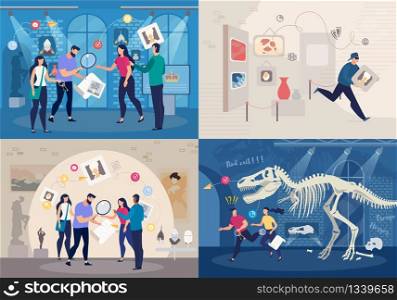 Friends Group Solving Mystery in Quest Room Concepts Set. People Playing in Intellectual Game, Searching Answers for Questions About Business, Natural History and Art Trendy Flat Vector Illustrations