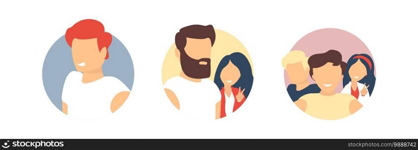 Friends have a selfie flat collection of round avatars. Boy girl man and woman standing together and take a photo vector set.