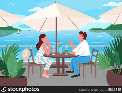 Friends having breakfast in seaside resort cafe flat color vector illustration. Couple in restaurant. Boyfriend and girlfriend drinking cocktails 2D cartoon characters with seascape on background. Friends having breakfast in seaside resort cafe flat color vector illustration