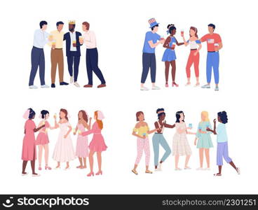 Friends having fun at party semi flat color vector characters set. Standing figures. Full body people on white. Celebration simple cartoon style illustration for web graphic design and animation pack. Friends having fun at party semi flat color vector characters set