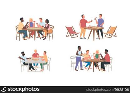 Friends having fun together flat color vector faceless characters set. Men, women eat pizza. Weekend entertainment isolated cartoon illustration for web graphic design and animation collection. Friends having fun together flat color vector faceless characters set