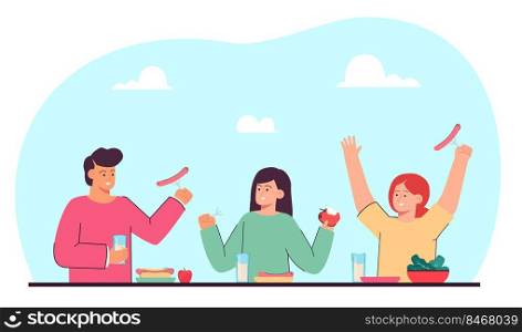 Friends having lunch, dinner or breakfast together at restaurants outdoor room. Cartoon children eating meal flat vector illustration. Food, friendship, outdoor activity concept