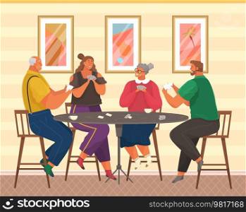 Friends having rest at home. People spend time in different ways with board games on table. Cartoon characters have great time together vector illustration. Fantastic turn-based board game on table. Friends having rest with board games at home. Cartoon characters have great time together