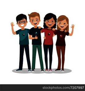 Friends hugged together. Youth people. Happy boys and girls. Isolated flat vector illustration