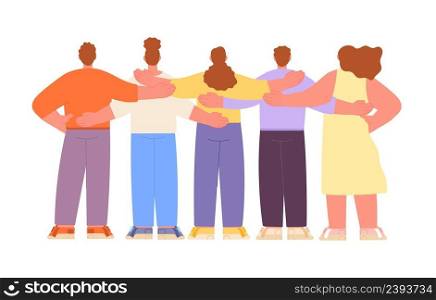 Friends hugging. Happy teen, friend helping and hug. Friendship empathy, family or students group. People backs view, isolated community utter vector scene. Illustration of people together support. Friends hugging. Happy teen, friend helping and hug. Friendship empathy, family or students group. People backs view, isolated community utter vector scene